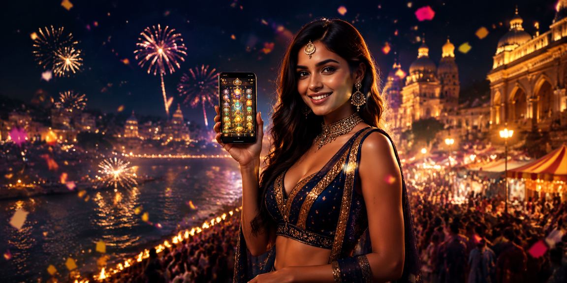 Indian woman using casino app with Bollywood style backdrop